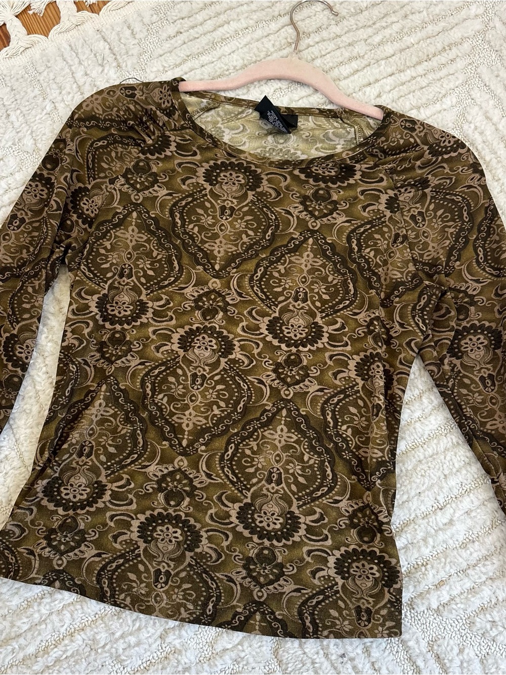Vintage fairycore No Boundaries Olive & Brown Paisley-Pattern Long Sleeve Tee